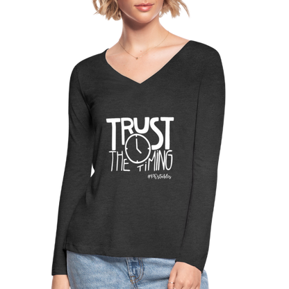 Trust The Timing W Women’s Long Sleeve  V-Neck Flowy Tee - deep heather