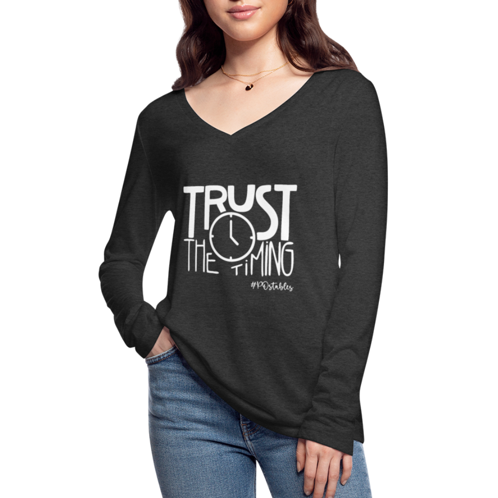 Trust The Timing W Women’s Long Sleeve  V-Neck Flowy Tee - deep heather