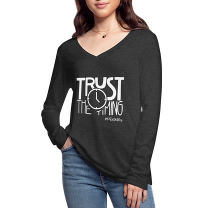 Trust The Timing W Women’s Long Sleeve  V-Neck Flowy Tee - deep heather