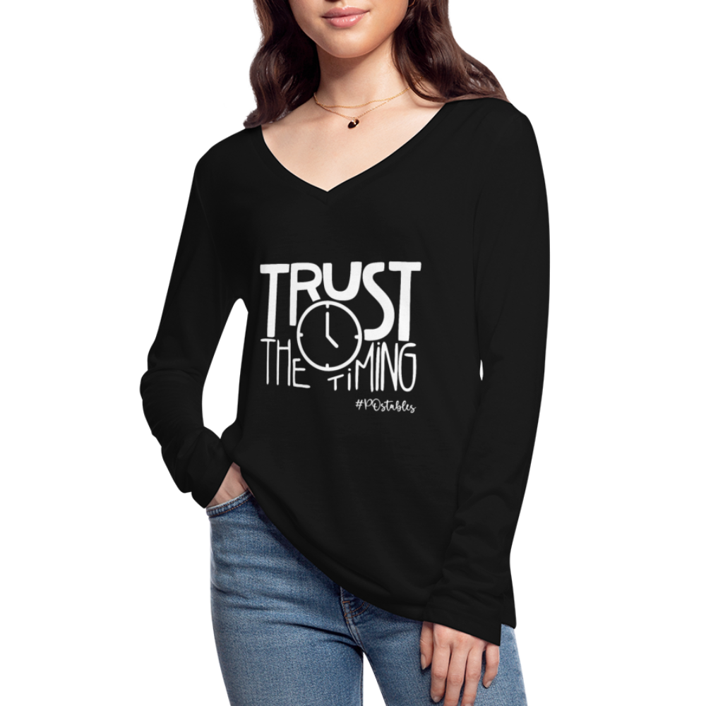 Trust The Timing W Women’s Long Sleeve  V-Neck Flowy Tee - black