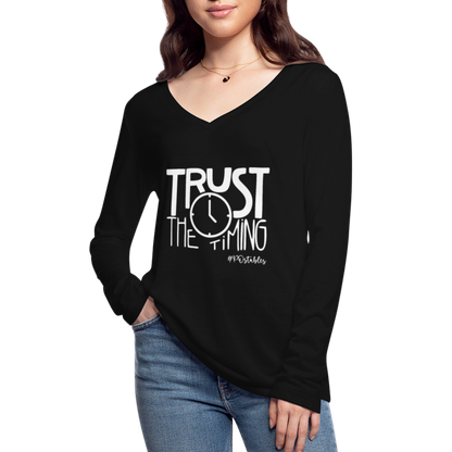 Trust The Timing W Women’s Long Sleeve  V-Neck Flowy Tee - black