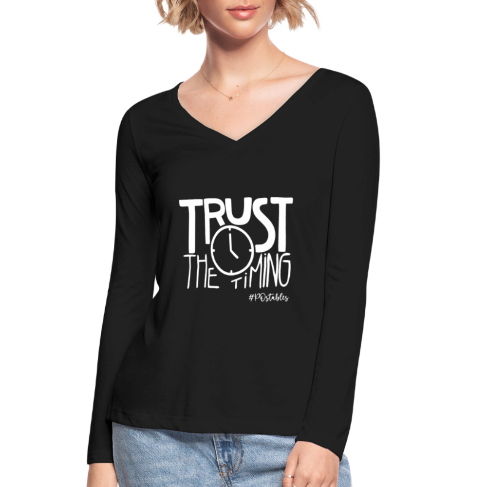 Trust The Timing W Women’s Long Sleeve  V-Neck Flowy Tee - black