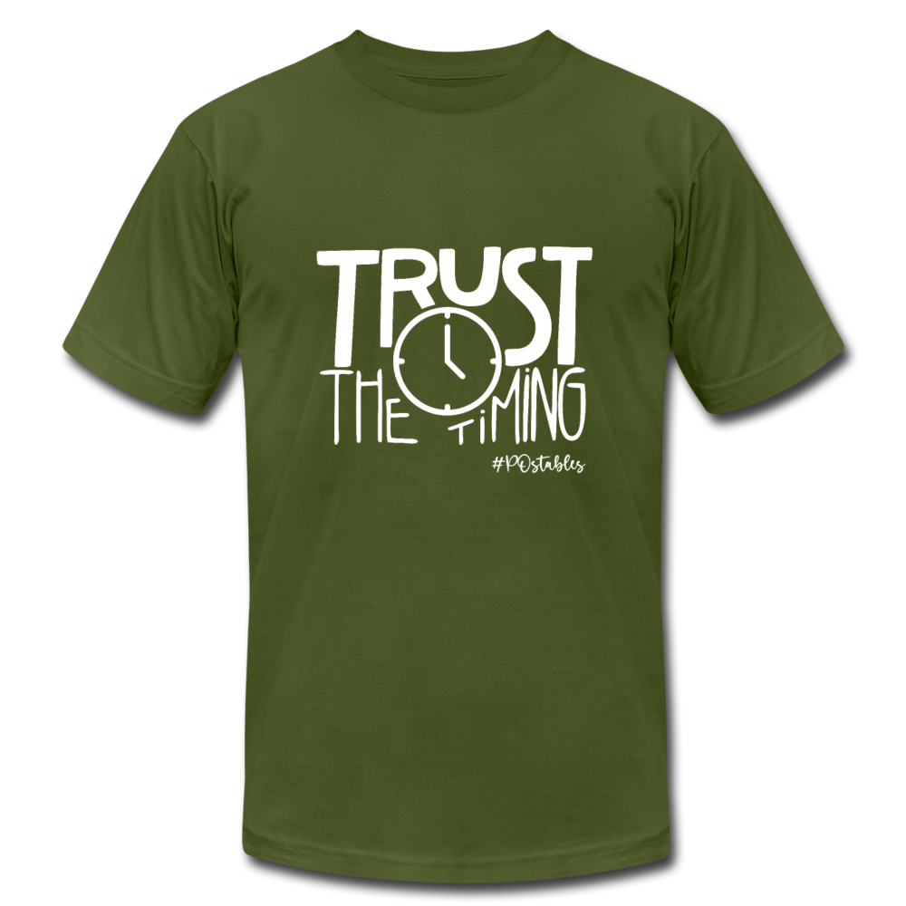 Trust The Timing Unisex Jersey T-Shirt by Bella + Canvas - olive