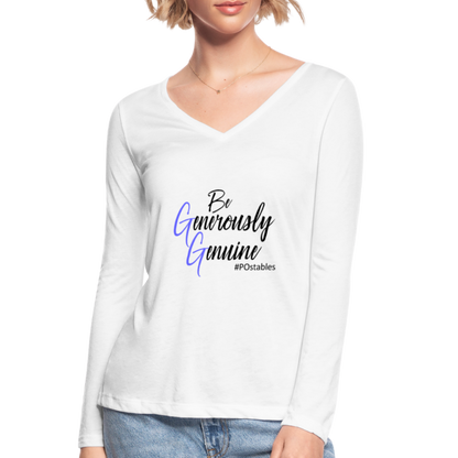 Be Generously Genuine B Women’s Long Sleeve  V-Neck Flowy Tee - white