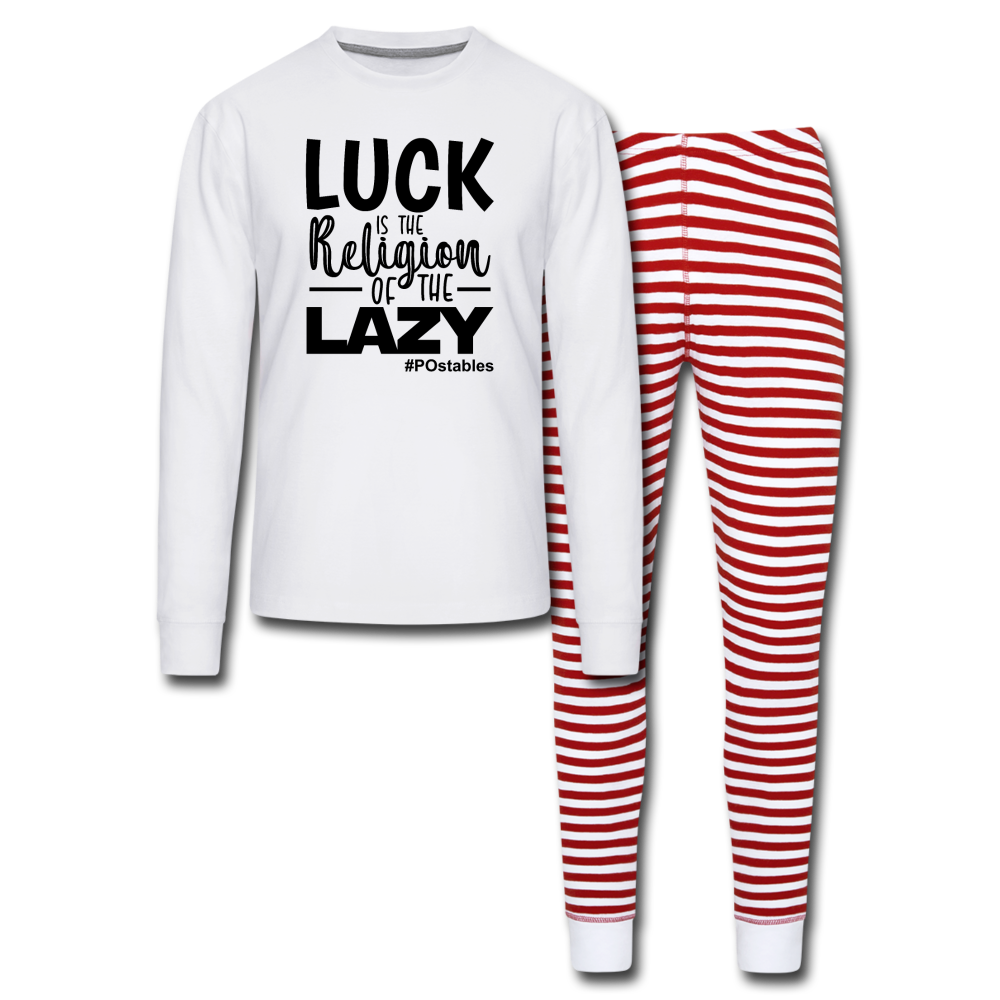 Luck is the religion of the lazy B Unisex Pajama Set - white/red stripe