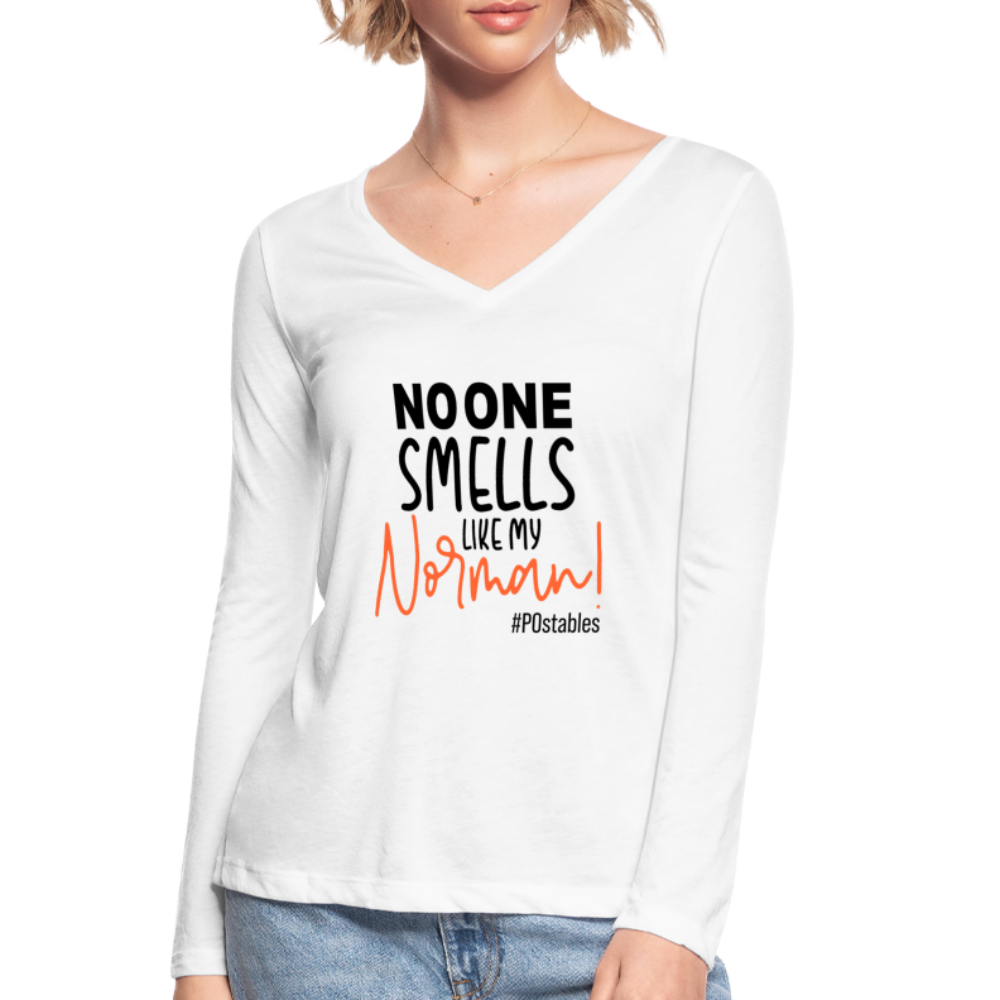 No One Smells Like My Norman B Women’s Long Sleeve  V-Neck Flowy Tee - white