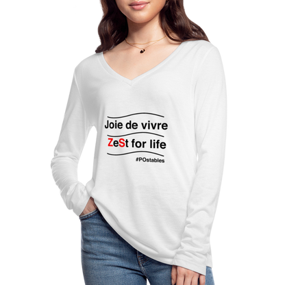 Zest For Life B Women’s Long Sleeve  V-Neck Flowy Tee - white