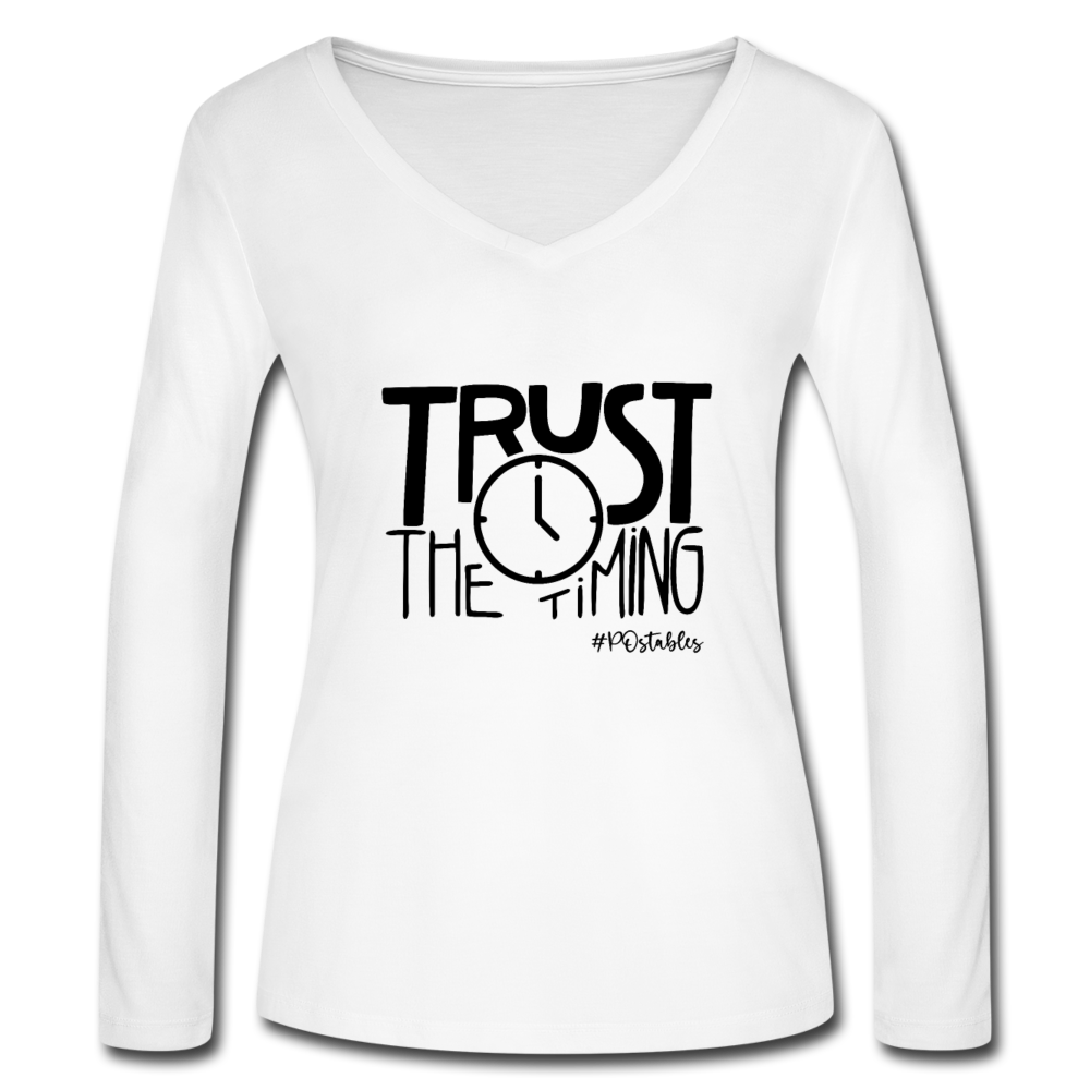 Trust The Timing B Women’s Long Sleeve  V-Neck Flowy Tee - white