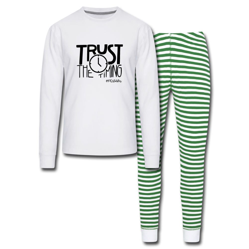 Trust The Timing B Unisex Pajama Set - white/green stripe