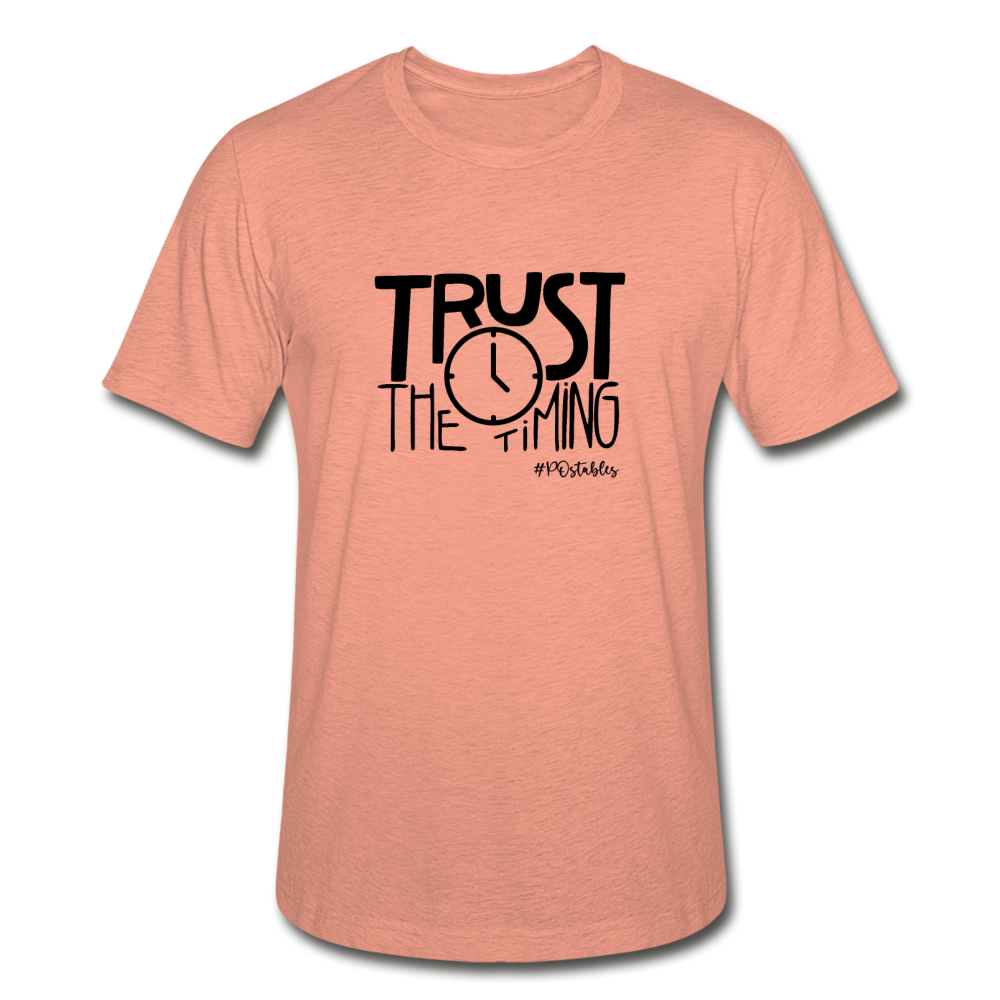 Trust The Timing B Unisex Heather Prism T-Shirt - heather prism sunset