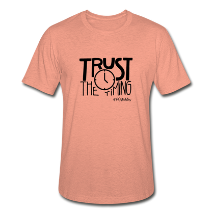 Trust The Timing B Unisex Heather Prism T-Shirt - heather prism sunset