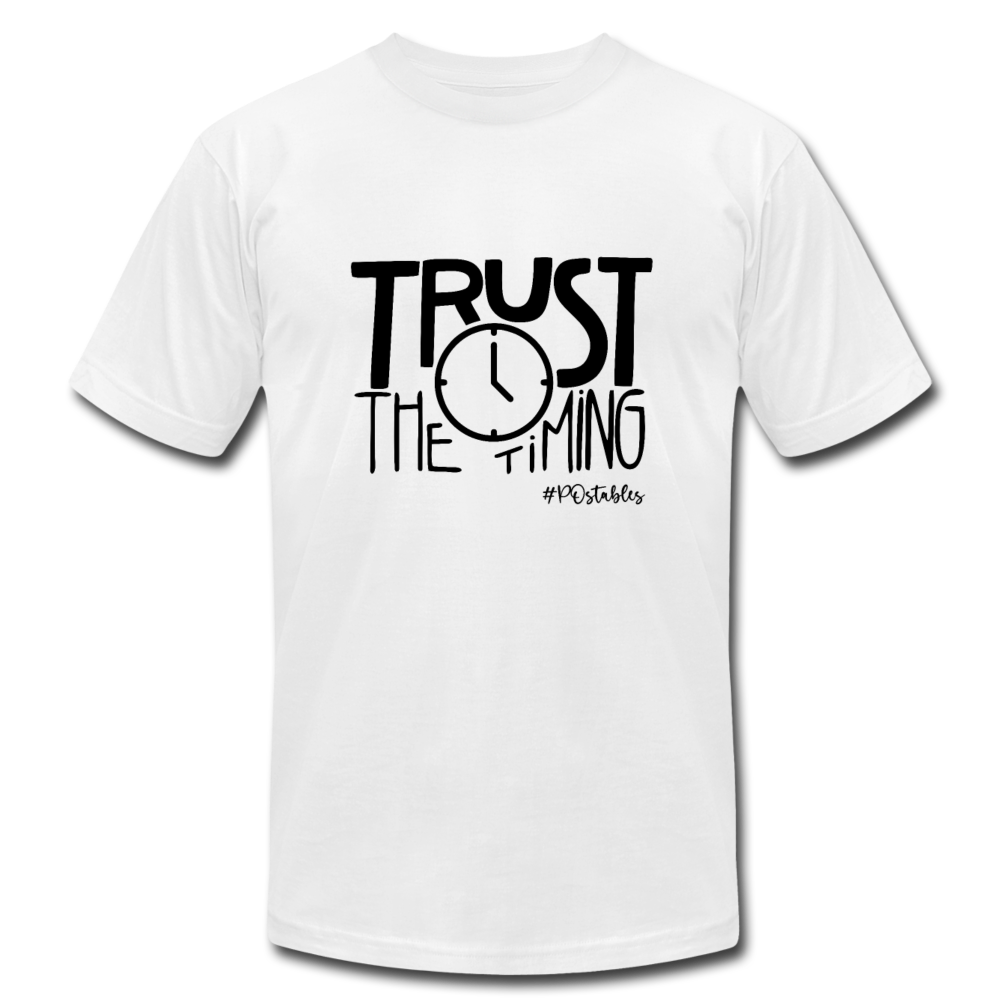 Trust The Timing B Unisex Jersey T-Shirt by Bella + Canvas - white