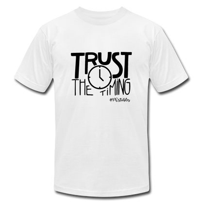 Trust The Timing B Unisex Jersey T-Shirt by Bella + Canvas - white