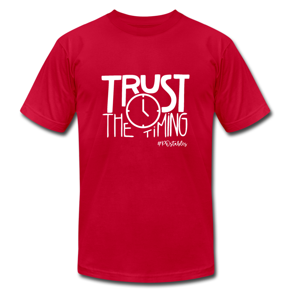 Trust The Timing W Unisex Jersey T-Shirt by Bella + Canvas - red