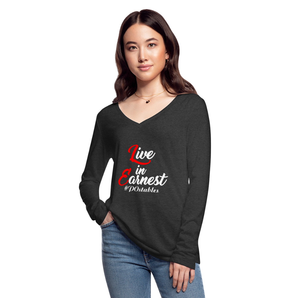 Live in Earnest W Women’s Long Sleeve  V-Neck Flowy Tee - deep heather